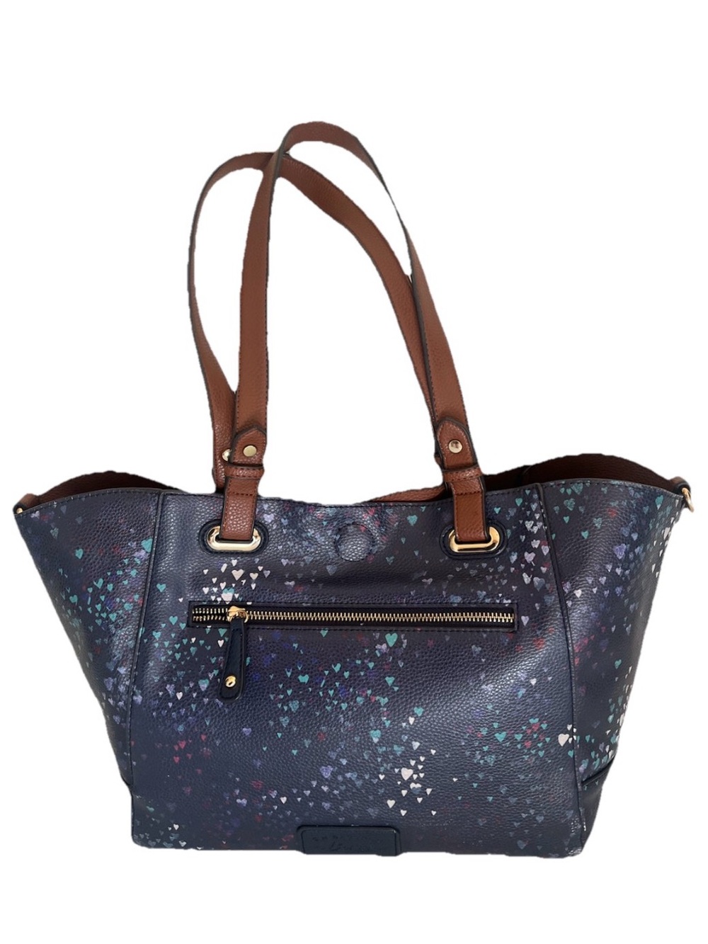 G.H. Bass & Co Heart Print Tote Bag Navy Multi Pebbled Faux Leather Shoulder Bag